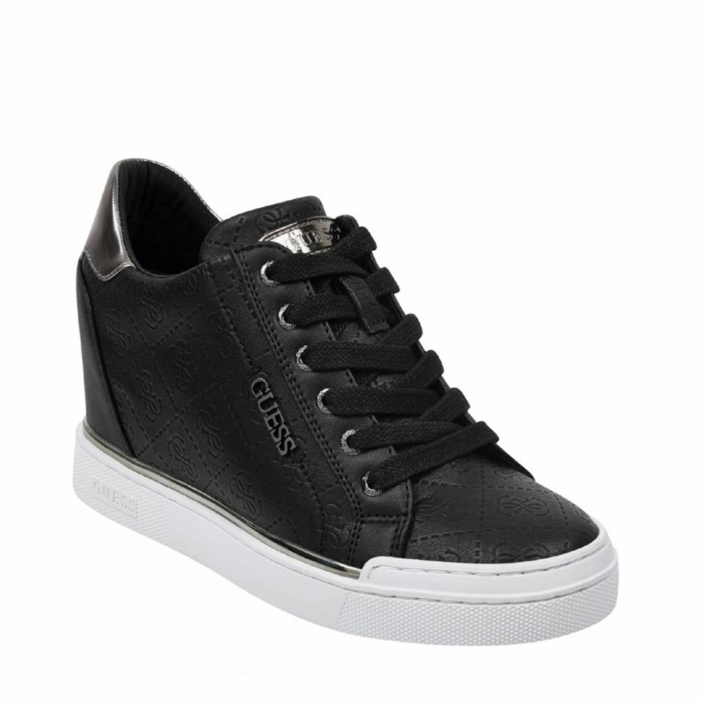 New Guess Womens Flowurs Logo-Debossed Wedge Sneakers Black Multi SZ 9